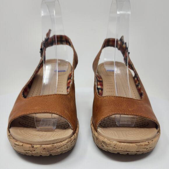 Crocs A-Leigh Slingback Wedge Sandals Women 7 Brown Leather Buckle Cork 11848 - Picture 4 of 11
